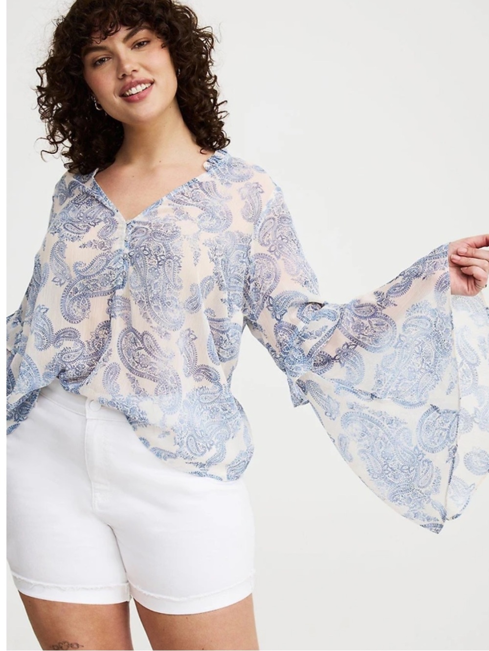 Torrid White Blue Paisley Chiffon V-Neck Bell Sleeve Ruffle Top Blouse 1X Boho